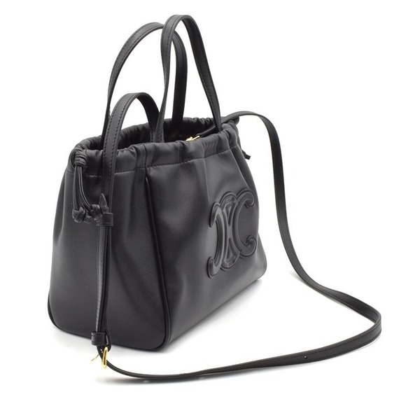 Celine Small Cabas Drawstring Cuir Triomphe Smooth Calfskin 2 Way Bag Black - Picture 2 of 5